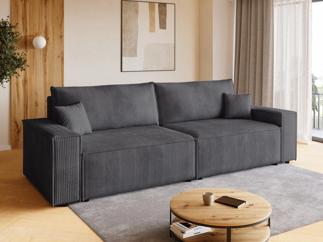 Ciemnoszara sztruksowa kanapa z funkcją spania ADI