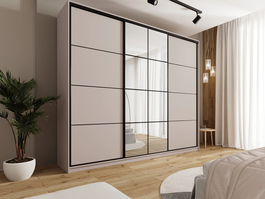 Duża beżowa trzydrzwiowa szafa przesuwna 280 cm z półkami EDGE MAX